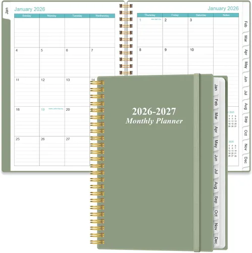 Agenda mensual 2026-2027, enero 2026 a junio 2027, dos páginas por mes, calendario mensual de 18 con pestañas, bolsillo interior, 6.4 x 8.5 Negro