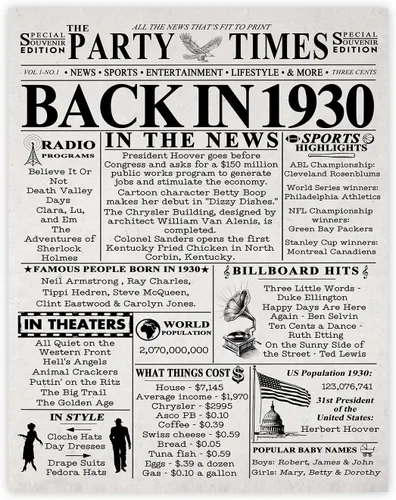 Póster de cumpleaños 96 sin marco, periódico Back In 1930, regalos de feliz cumpleaños 96 para hombres y mujeres, vintage, retro, nacido en 1930,