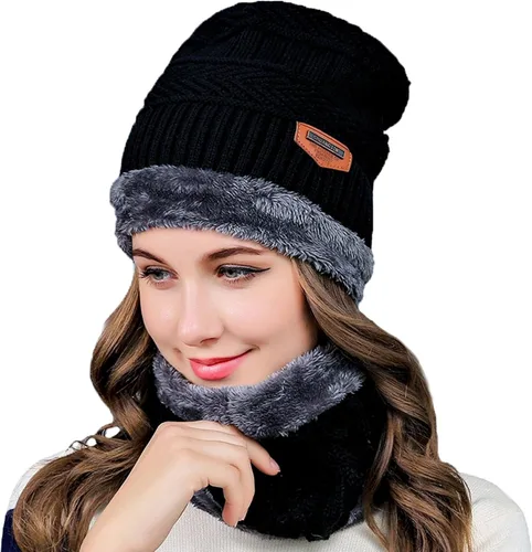 Miniatura 2 de MUCO Conjunto de gorros de invierno para hombre y mujer, gorro de punto cálido, forro polar grueso, calentador de cuello para hombres y mujeres, Muco