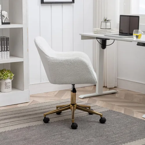 Miniatura 6 de Silla de escritorio esponjosa, silla de tocador de piel sintética blanca, silla giratoria de oficina para niñas y mujeres, altura ajustable, lindas