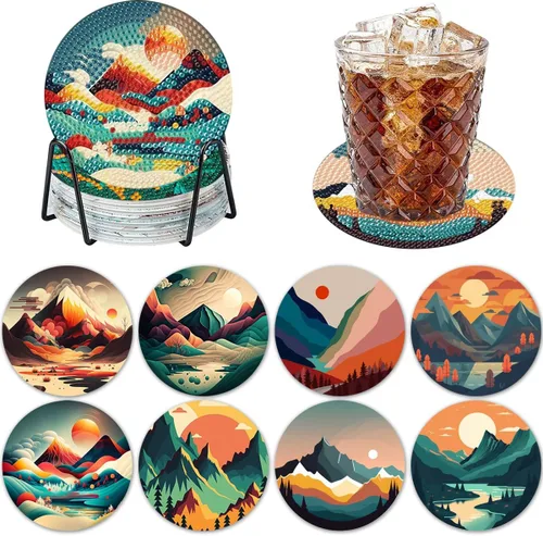 ijbnhd 8 posavasos de pintura de diamante al atardecer con soporte, posavasos de arte abstracto de diamantes para principiantes, suministros de