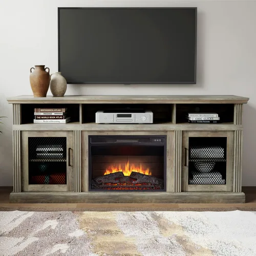 Miniatura 2 de Cheerway Soporte de TV con chimenea 3D para televisores de hasta 65 pulgadas, mesa de centro de entretenimiento multimedia de madera y gabinetes