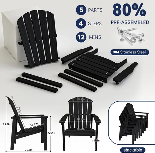 Miniatura 5 de nevilewood Sillas Adirondack Compactas Apilables, 26.3" de Ancho Sillas de Patio de Exterior de HDPE - Diseño Duradero que Ahorra Espacio para Negro