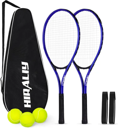 Miniatura 10 de HIRALIY Juego de raquetas de tenis de 27 pulgadas para adultos, raquetas de tenis preencordadas para 2 jugadores, 2 cintas de sobreagarre, 3 pelotas