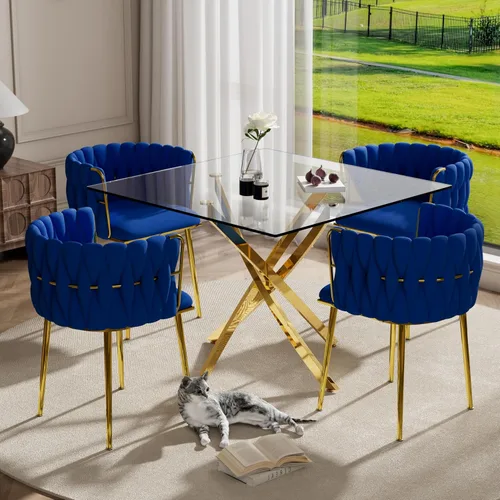 Miniatura 18 de RGZ Juego de mesa de cocina cuadrada minimalista moderna de 3 piezas, mesa de comedor de vidrio transparente con sillas tejidas negras, juego de 2