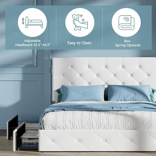 Miniatura 6 de HOOMIC Base de cama de almacenamiento de plataforma de tamaño matrimonial con 4 cajones y cabecera ajustable, listones de madera, no necesita Blanco