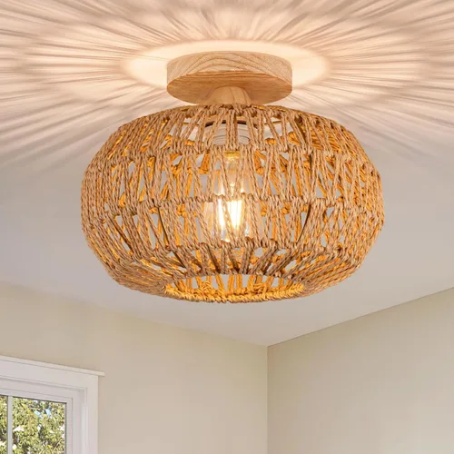 Miniatura 13 de Lámpara de Techo de Ratán Boho - Mini Candelabro de Montaje Empotrado Accesorio de Luz Tejido para Dormitorio, Pasillo, Entrada, Baño, Guardería