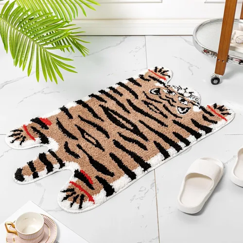 Alfombra de baño con forma de tigre marrón lindo para baño, antideslizante, absorbente, decoración de animales de dibujos animados, alfombra de