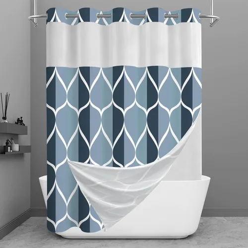 Yiatn Juego de cortina de ducha azul egeo sin gancho con forro de tela a presión, estilo hotel con ventana superior de malla transparente, diseño