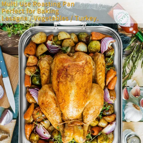 Miniatura 8 de JY COOKMENT Sartén para Asar con Estante para Hornear, Sartén para Pavo de Acero Inoxidable de 16.5 Pulgadas con Estante, Regador. Excelente
