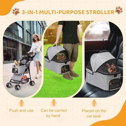 Miniatura 3 de ZENY Cochecito para mascotas, cochecito plegable 3 en 1 para perros y gatos con 4 ruedas, cesta desmontable y soporte para tazas, transportador Gris