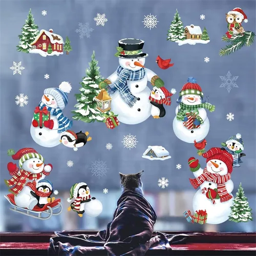 Miniatura 4 de decalmile Calcomanías reutilizables de Navidad para ventana, diseño de muñeco de nieve, pingüino, árbol de Navidad, copos de nieve, espejo de vidrio