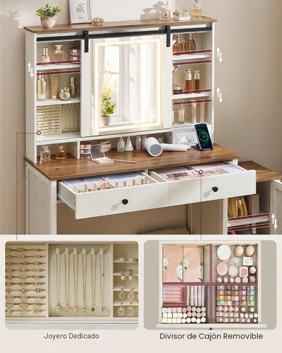 Miniatura 3 de VASAGLE Colección LIRY - Escritorio de tocador con espejo y luces, tocador de maquillaje de estilo granja con taburete, estación de carga, 2
