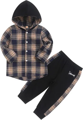 Fuermos Ropa para bebés y niños pequeños, sudadera con capucha y pantalones de franela de celosía con botones y pantalones, trajes de otoño e