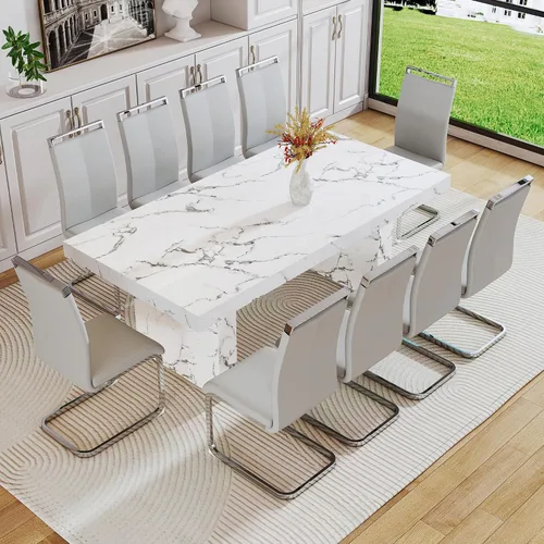 Miniatura 64 de gopop Mesa de comedor de mármol de 63 pulgadas, tablero de mesa de comedor MDF con patrón de mármol y base para cocina y comedor.