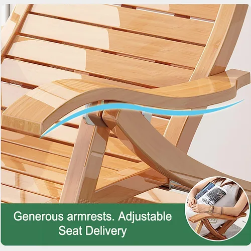 Miniatura 5 de Mecedora de bambú plegable de jardín para tumbonas de ancianos, silla de terraza con cojín, estable y ergonómica de madera, silla de jardín