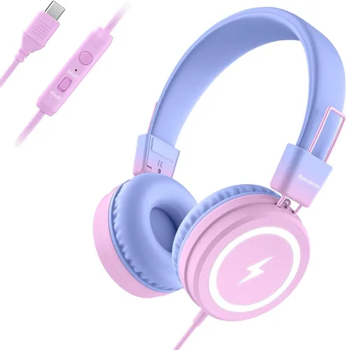 Miniatura 8 de Bywulanda Auriculares para niños con luces LED para la escuela, auriculares USB tipo C para niños con micrófono, limitador de volumen 85/94 dB