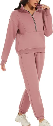 Miniatura 3 de PEHMEA Conjunto deportivo de 2 piezas de otoño para mujer, con forro polar, holgado, manga larga, media cremallera, cómodo conjunto de descanso