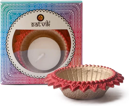 Miniatura 3 de SATVIK 4 piezas Multicolor Surya Metal Diya Floral Lotus Flower Shape Tea Light Holder Lámpara de aceite Navidad Interior Hogar Mandir Pujan Pooja
