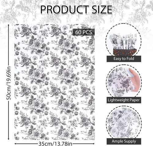 Miniatura 5 de Larcenciel Papel de seda negro, papel de seda floral vintage para bolsas de regalo, cajas, envoltura, manualidades, suministros de embalaje de arte