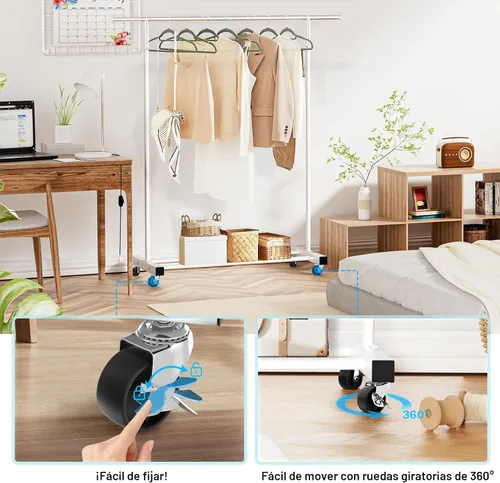 Miniatura 4 de VICERII Perchero de ropa resistente de 55.51 pulgadas con ruedas y estante inferior, perchero con ruedas y estante inferior, percheros de ropa