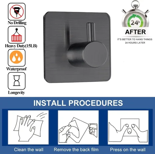Miniatura 6 de Fotosnow Ganchos adhesivos negros para toallas, ganchos de pared resistentes para puerta de baño, cocina, paquete de 4
