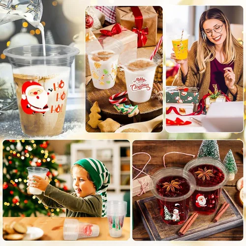 Miniatura 4 de GuassLee Vasos desechables de Navidad, paquete de 50 vasos de plástico desechables transparentes de 12 onzas con 5 estilos de patrones para niños