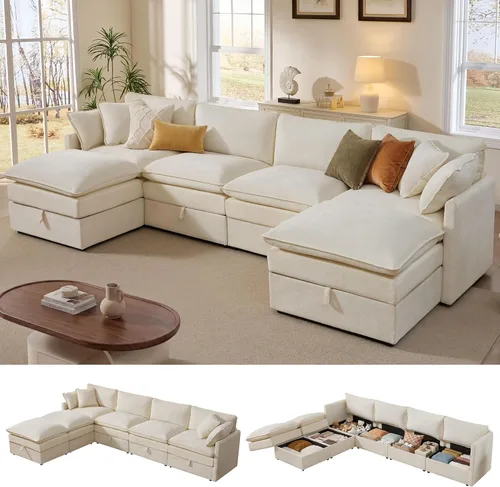 Miniatura 18 de Ihanherry Sofá cama modular de gran tamaño con almacenamiento, sofá nube modular de 6 plazas de 103 pulgadas con otomanas móviles, sofás de felpilla