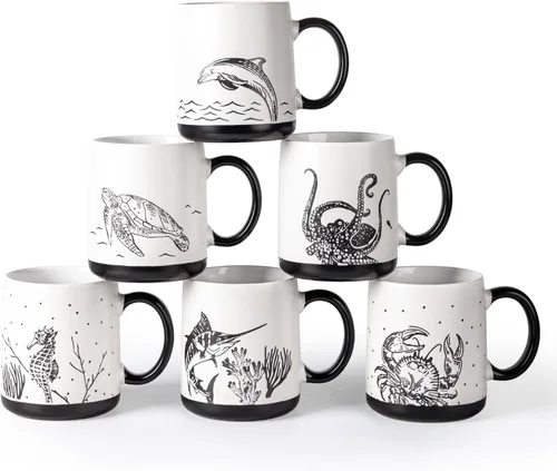 Miniatura 8 de AmorArc Juego de 6 tazas de café grandes de cerámica de 18 onzas con patrones texturizados de Sea Life para té, café con leche y cacao. Fácil