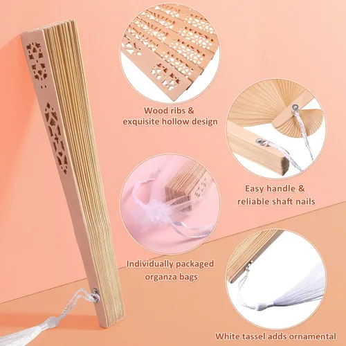 Miniatura 6 de Qunclay 60 abanicos de mano de madera plegables para invitados, patrón hueco chino con borla blanca y bolsa de regalo para boda, despedida