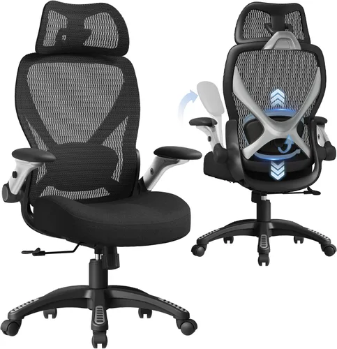 ELABEST X100 Silla de oficina ergonómica de malla, silla grande y alta para el hogar con brazos plegables 5D, soporte lumbar ajustable 3D, sillas