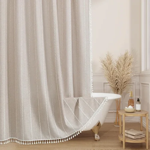 MitoVilla Cortina de ducha de tela estilo bohemio de granja, color marrón tostado, cortinas de ducha de lino de poliéster modernas para decoración