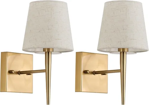 EFINEHOME Aplique de pared moderno Mid-Century con pantalla de tela beige, 1 lámpara de pared dorada antigua para interiores, lámpara de pared para
