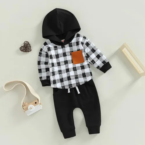 Miniatura 37 de Ropa de bebé niño 3 6 9 12 18 24M 3T Conjunto de pantalones con capucha patchwork sudadera con capucha pantalones de rayas traje de otoño invierno