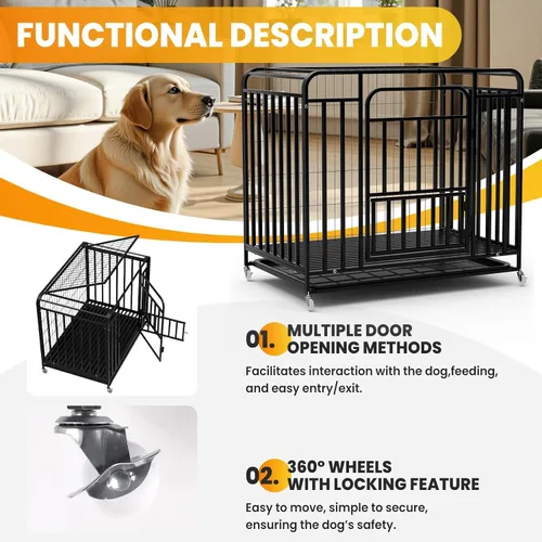 Miniatura 3 de 48 Inch Dog Kennel with Wheels, High Anxiety Steel Indoor Dog Cage with Removable Tray, Indestructible Escape Proof Heavy Duty Dog Crate Extra Large