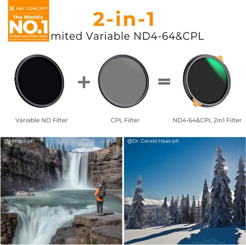 Miniatura 2 de K&F CONCEPT 49 mm ND4-64 (2-6 paradas) Filtro de lente ND variable y filtro polarizador CPL 2 en 1, 28 capas multi-revestidas polarizantes