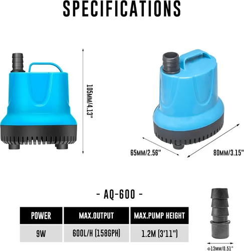 Miniatura 2 de Bomba de agua sumergible de alimentación inferior de 158 GPH – Acuario de baja succión de bajo consumo energético, estanque, fuente, bomba