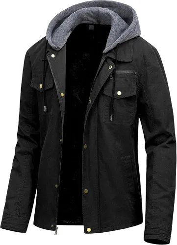 Miniatura 20 de Pursky Chaqueta de lona de algodón militar casual para hombre con capucha desmontable