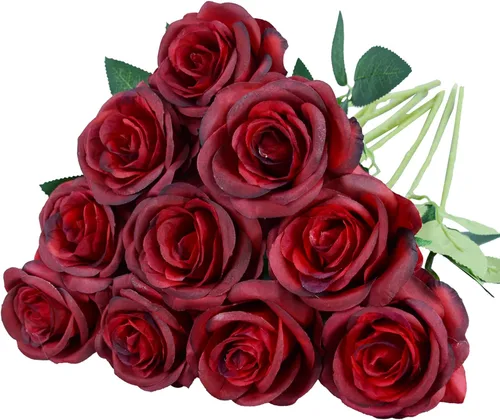 10 flores artificiales de color rojo vino, flores de seda sintética con tallos largos, ramo de rosas falsas a granel para decoración del día de San
