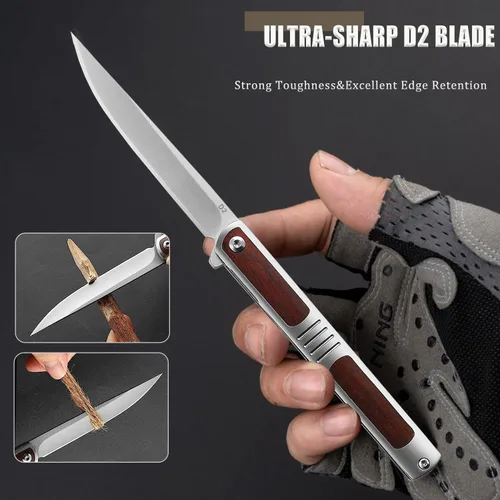 Miniatura 2 de Cuchillo de bolsillo para hombres, cuchillo plegable con clip, con hoja de acero D2, cierre de seguridad, cuchillo afilado para supervivencia