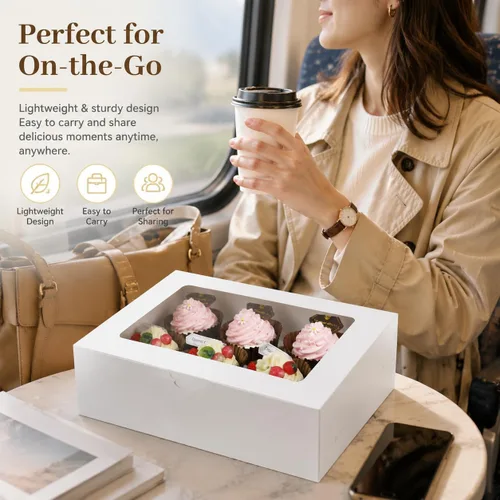 Miniatura 6 de Pralb Paquete de 20 cajas blancas para cupcakes con insertos, 6 soportes, cajas blancas estándar de panadería con ventana de PVC, recipientes