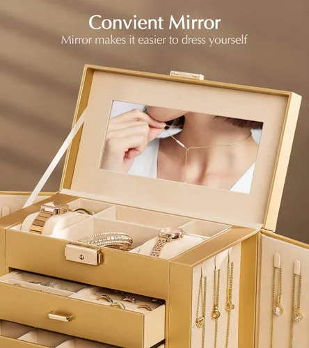 Miniatura 70 de Homde Regalos de Navidad de cuero sintético, enorme joyero, organizador de reloj con espejo, collar, anillo y aretes, estuche de regalo con Dorado