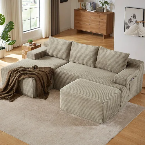Miniatura 9 de Sofá modular Cloud de 95 pulgadas con otomana, moderno sofá nube en forma de U con asiento profundo, cómodo sofá de pana de 3 plazas, sofá de espuma