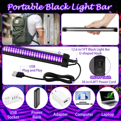 Miniatura 7 de Tiras de luz negra de 50 pies y control remoto + 3 barras de luz negra, tira de luz negra USB de 12 W y 1 pie para fiesta brillante