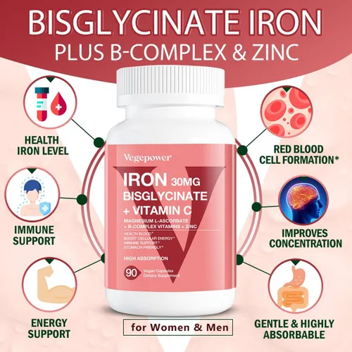 Miniatura 3 de Suplementos de hierro para mujeres y hombres, bisglicinato de hierro vegano 30mg más vitamina C, B12, ácido fólico - pastillas de hierro