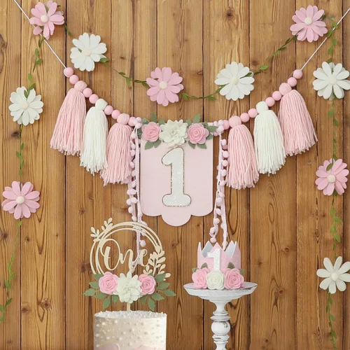 Miniatura 12 de Banner de Silla Alta con Margaritas Bohemias Primer Cumpleaños Niña Para Decoraciones de Primera Fiesta Conjunto Con Adorno de Pastel Hecho a Mano