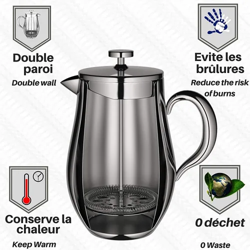 Miniatura 2 de VeoHome - Cafetera de pistón de 1 litro - Irrompible y mantiene el café caliente durante mucho tiempo gracias a su doble carcasa de acero inoxidable