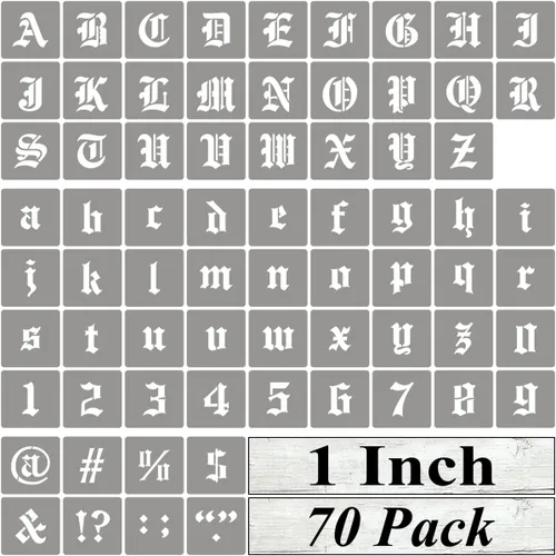 Plantillas de letras del alfabeto de 1 pulgada para pintar, paquete de 70 plantillas de letras en inglés antiguo con números y letreros para pintar