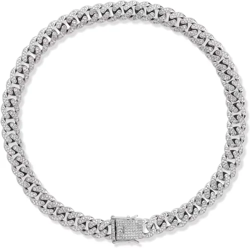 Collar de Perro con Diamantes Plateados - Cadena de Metal Estilo Cubano con Hebilla Segura, Collar de Lujo Duradero para Perros