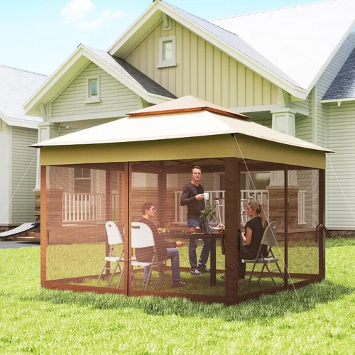 Miniatura 6 de Outsunny 11' x 11' Carpa desplegable de toldo, refugio para patio al aire libre con mosquitero con cremallera extraíble, carpa instantánea para Caqui